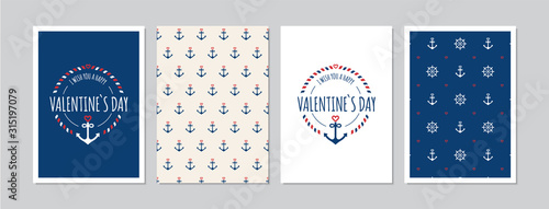 Valentine`s Day cards set with hand drawn elements in maritime look. Doodles and sketches vector vintage illustrations, DIN A6. photo