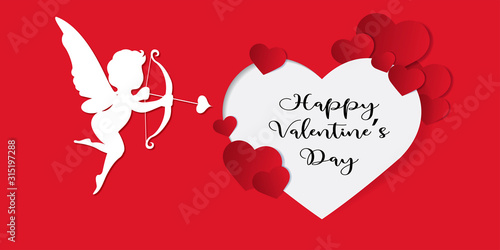 Carte invitation - bandeau - célébration Saint valentin - valentine's day - avec ange blanc aile pleine papier plier sur fond Rouge