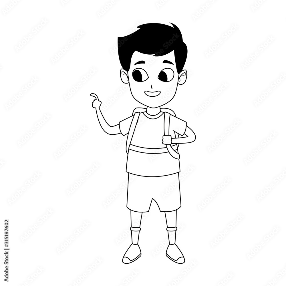 Cartoon happy boy with school backpack, flat design
