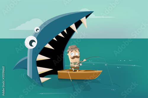 funny cartoon illustration of an angler in a boat with big shark behind