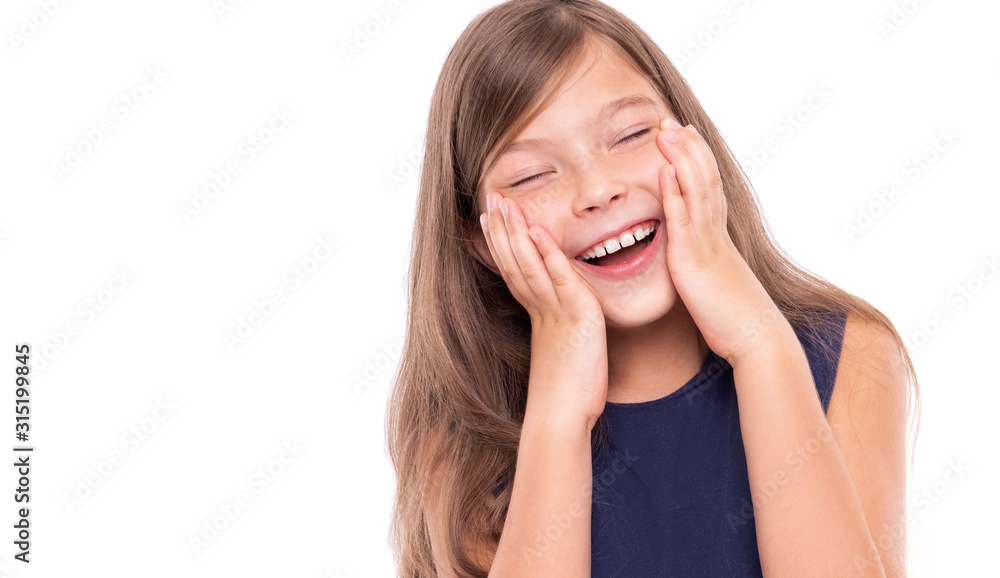 Little girl laughs closing her eyes isolated on a white background. Little girl laughs closing her eyes isolated on a white background.