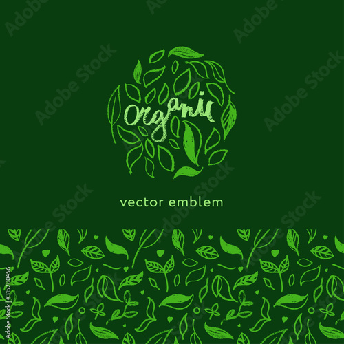 Organic seamless pattern vector background. Hand drawn natural elements with organic texture.  Eco friendly design, vector vegan icons, raw logo, eco farming banner template, healthy food emblem.