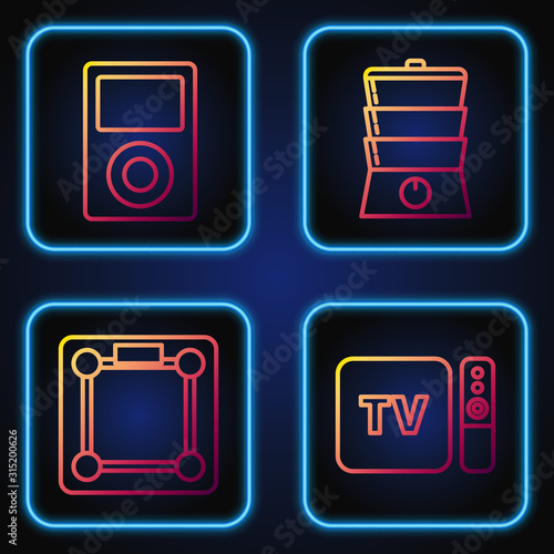Set line TV box receiver and player with remote controller , Bathroom scales , Music player  and Double boiler . Gradient color icons. Vector