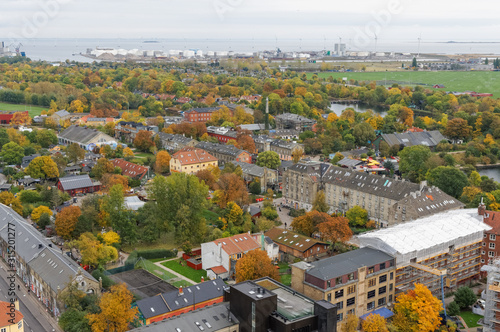 Panoramic view of Freetown Christiania from Church of Our Saviour (Vor Frelsers Kirke) in Copenhagen, Denmark