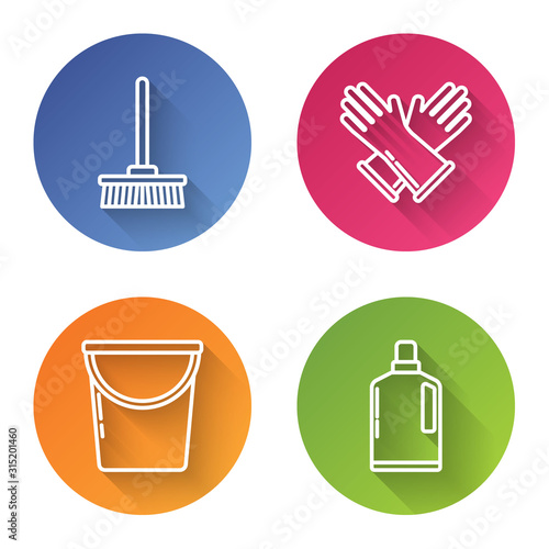 Set line Mop , Rubber gloves , Bucket  and Plastic bottles for liquid dishwashing liquid. Color circle button. Vector