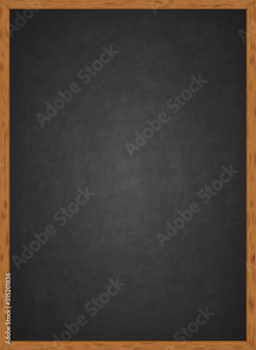 Realistic blank black chalkboard in wooden frame. Rubbed out dirty chalkboard. Background for school or restaurant design, menu. Blackboard isolated over whit background. Clipart vector illustration 