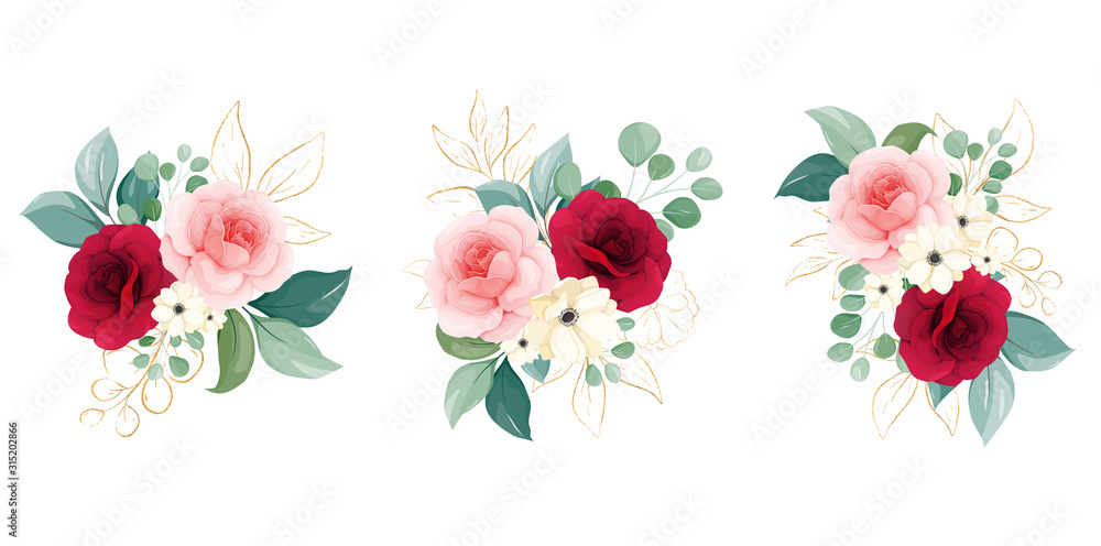 Floral arrangements of peach and burgundy roses flowers, branches, and outlined glitter leaves. Romantic botanic illustration elements for wedding, greeting, and valentine card design vector