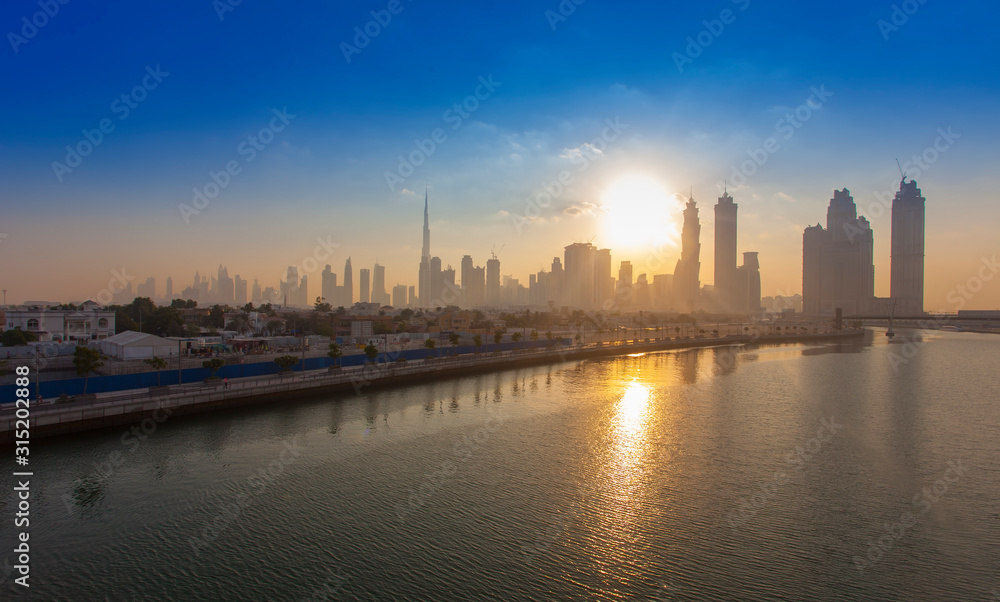 Dubai city skyline in the morning, sunrise