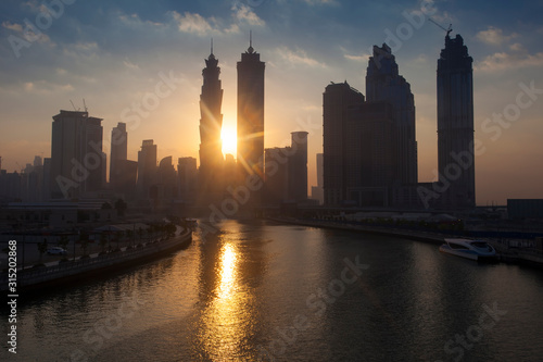 Photography Dubai city skyline in the morning, sunrise