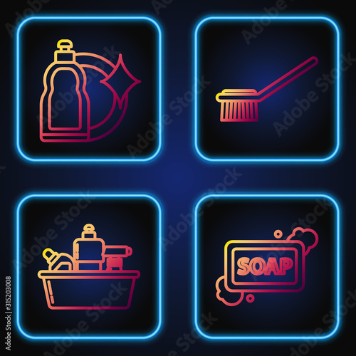 Set line Bar of soap with foam , Plastic bottles for liquid dishwashing liquid, Plastic bottles for liquid dishwashing liquid and Toilet brush . Gradient color icons. Vector