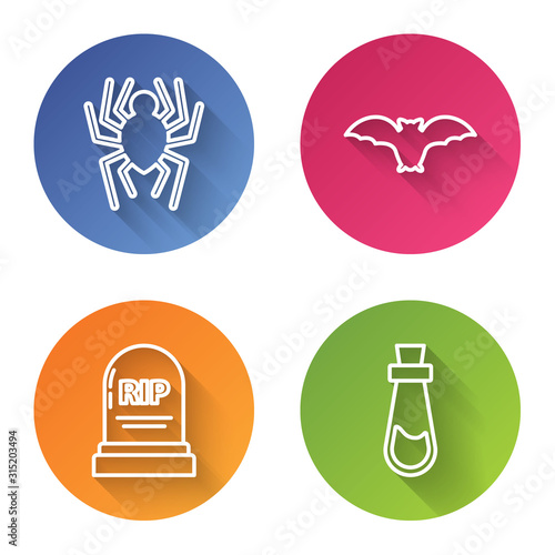 Set line Spider , Flying bat , Tombstone with RIP and Bottle with potion . Color circle button. Vector photo