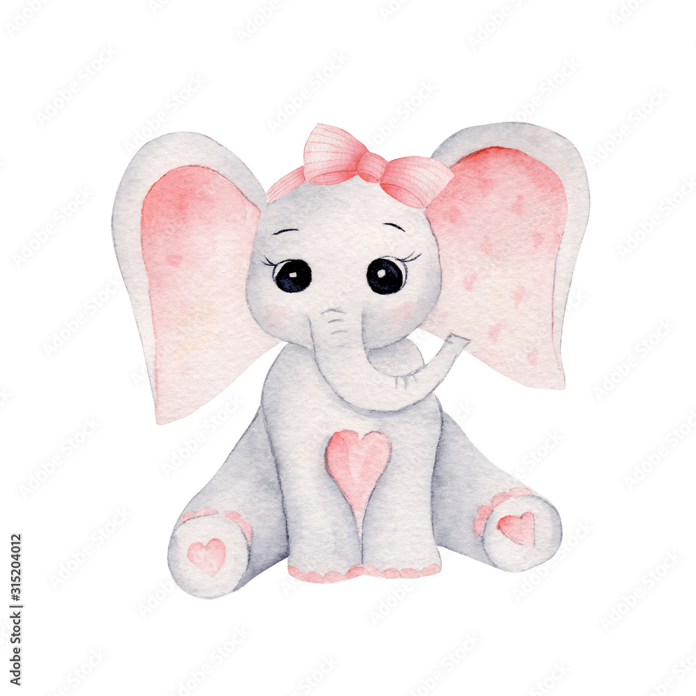 Cute baby girl elephant hand drawn watercolor illustrations set