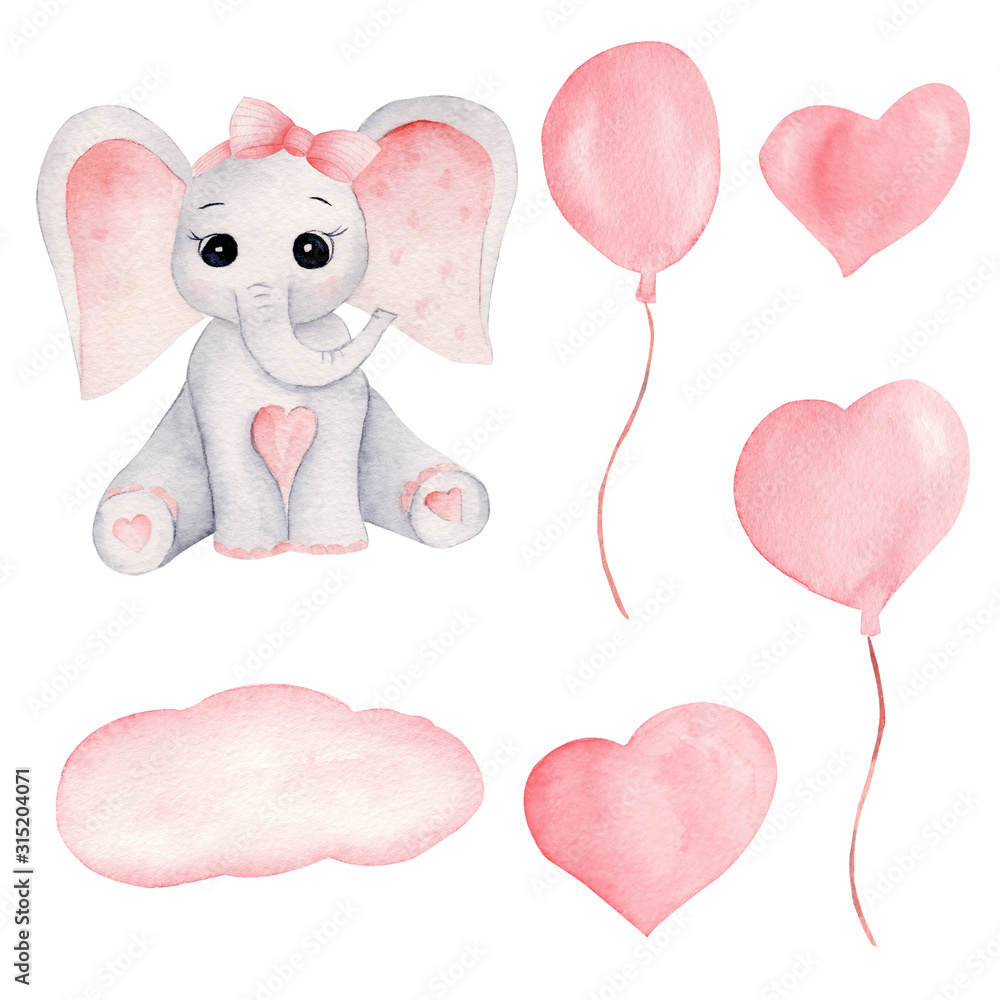 Baby elephant and pink balloons hand drawn watercolor illustrations set ...