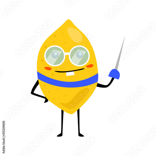 Sport lemon fencing character with glass. Funny fruit food on sport exercises, fitness vitaminic human healthy nutrition vector illustration