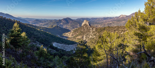 Panoramic view of Via Ferrata Rocher du Saint-Julien surrounded by mountains in southeastern France