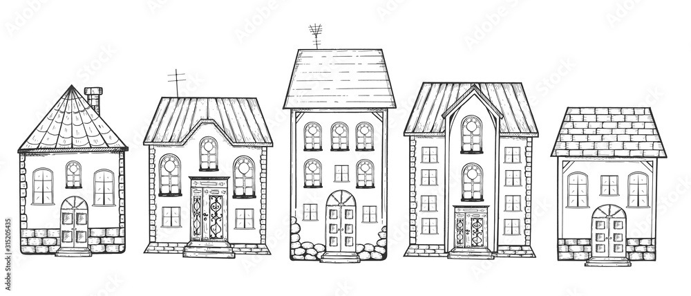 Detailed street cottage houses set