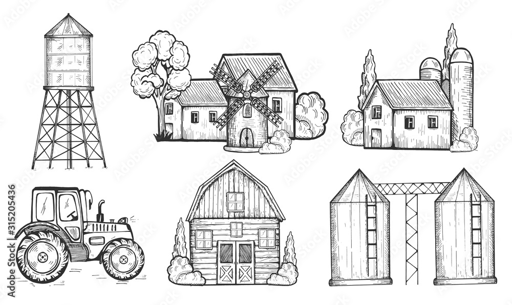 Farm buildings, mill, tractor set