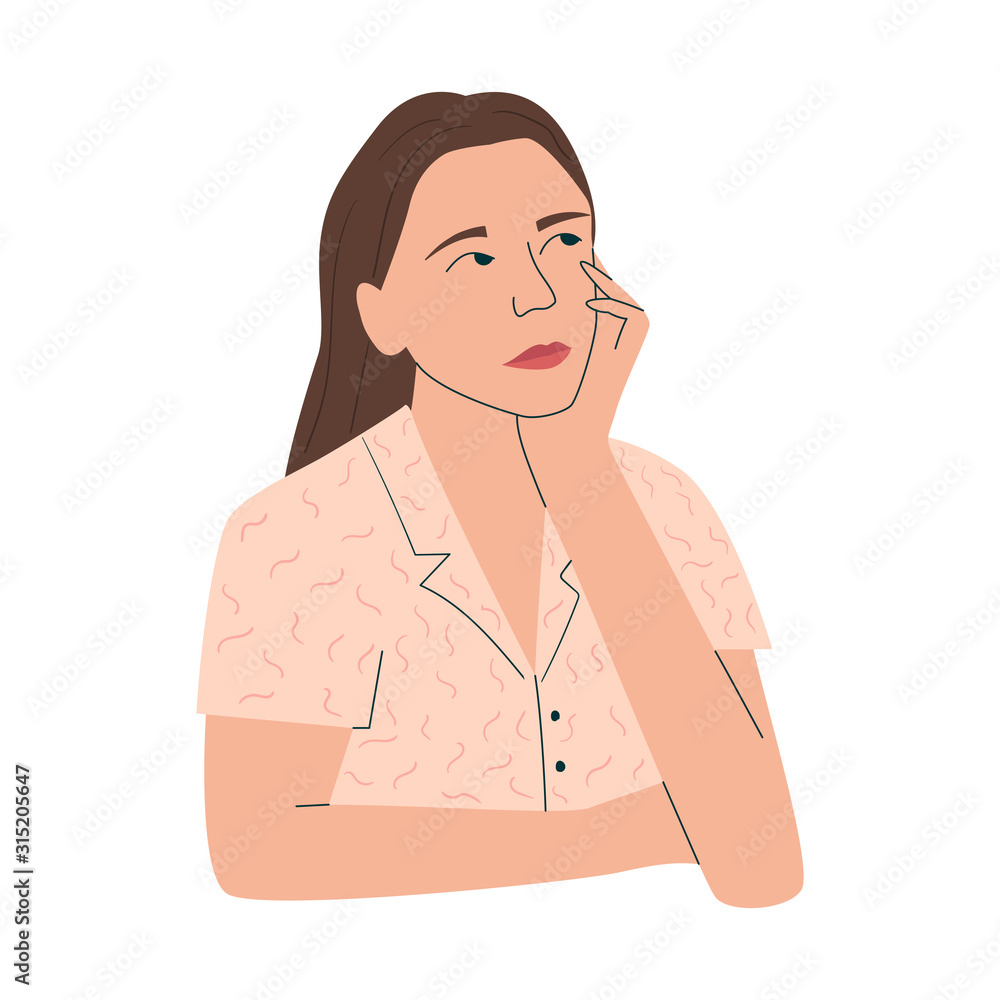 Illustration with thoughtful woman Woman dreaming of something. Flat vector illustration Illustration with thoughtful woman Woman dreaming of something. Flat vector illustration