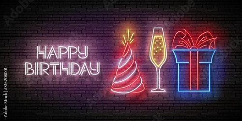 Glow Greeting Card with Gift, Champagne, Holiday Hat and Happy Birthday Inscription