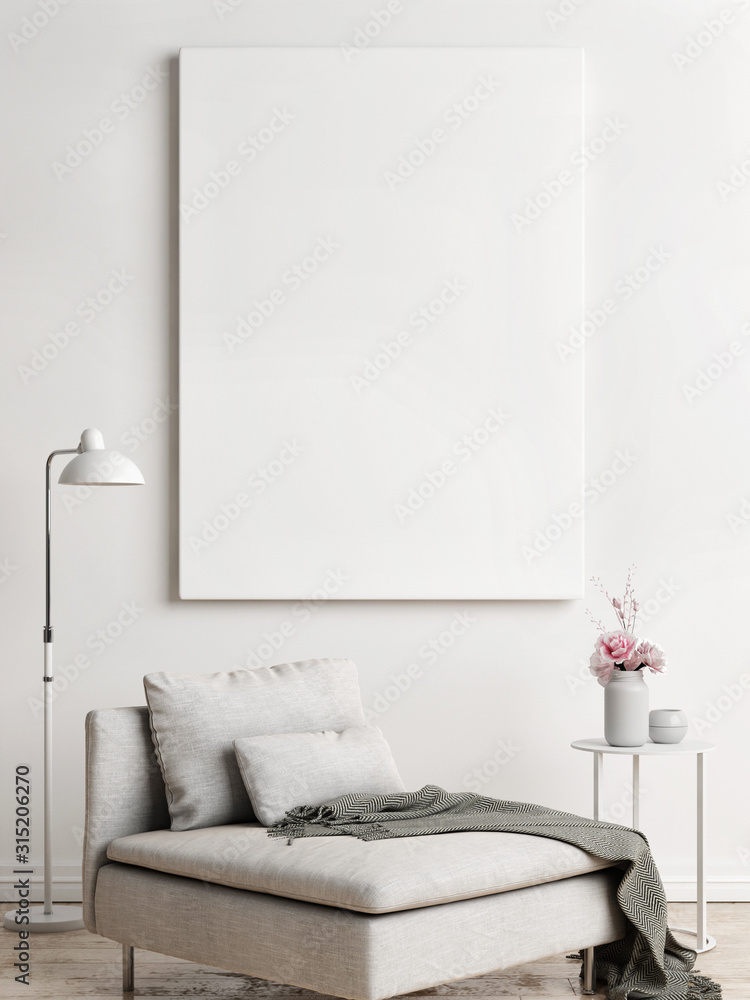 Mock up poster, Scandinavian interior design, 3d render, 3d illustration - obrazy, fototapety, plakaty 