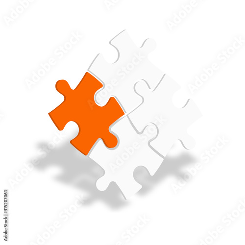 3D jigsaw puzzle pieces. White pieces with one orange highlighted. Team cooperation, teamwork or solution business theme. Vector illustration with dropped shadow