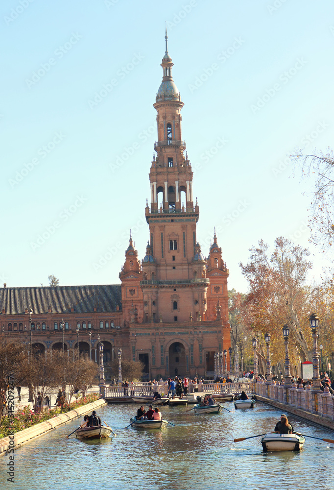 Cityscape of Spain Square architecture building with a lake in Seville - Winter landscape postcard