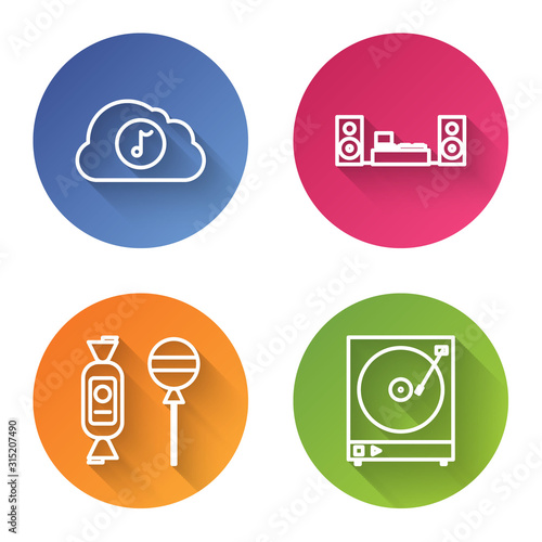 Set line Music streaming service , Home stereo with two speakers , Lollipop and Vinyl player with a vinyl disk . Color circle button. Vector