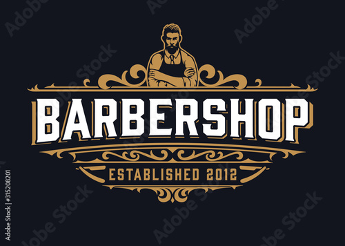 Vintage Barber Shop Logo with Floral Elements