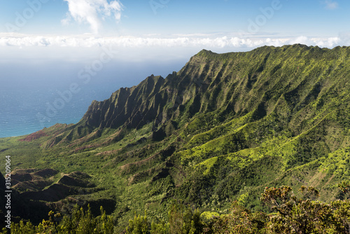 The Kalalau Valley, which opens with a view of the Pacific Ocean on the Nā Pali Coast, Kauai Hawaii. 