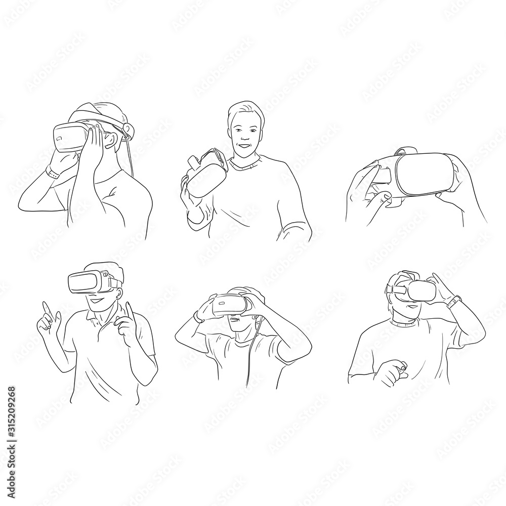set of man wearing virtual reality digital glasses vector illustration sketch doodle hand drawn isolated on white background set of man wearing virtual reality digital glasses vector illustration sketch doodle hand drawn isolated on white background
