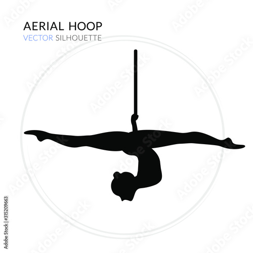Silhouettes of a gymnast in the aerial hoop. Vector illustration on white background. Air gymnastics concept