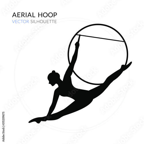 Silhouettes of a gymnast in the aerial hoop. Vector illustration on white background. Air gymnastics concept