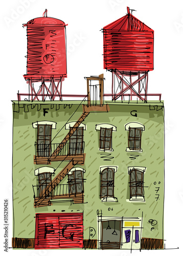 Two rooftop water tanks on a New York vintage residential building with shop at ground floor. Cartoon. Caricature.