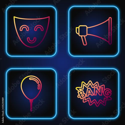 Set line Bang boom text speech bubble balloon , Balloon with ribbon , Comedy theatrical mask and Megaphone . Gradient color icons. Vector