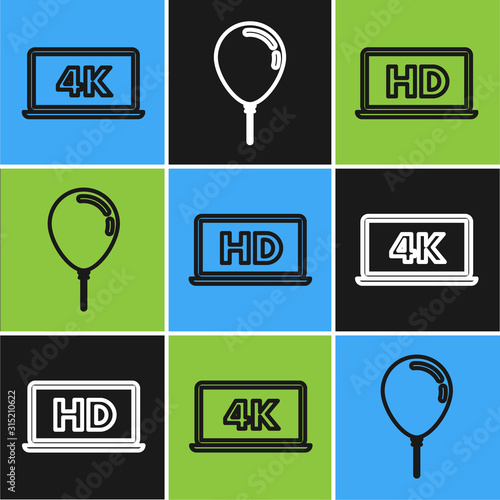 Set line Laptop screen with 4k video technology , Laptop screen with HD video technology and Balloon with ribbon icon. Vector