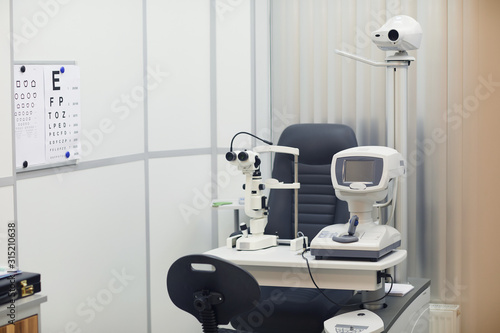 Horizontal background image of modern optometrist equipment in ophthalmology clinic, copy space photo