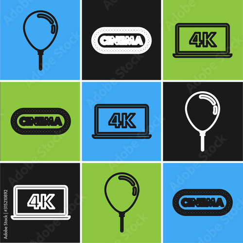 Set line Balloon with ribbon , Laptop screen with 4k video technology and Cinema poster design template icon. Vector