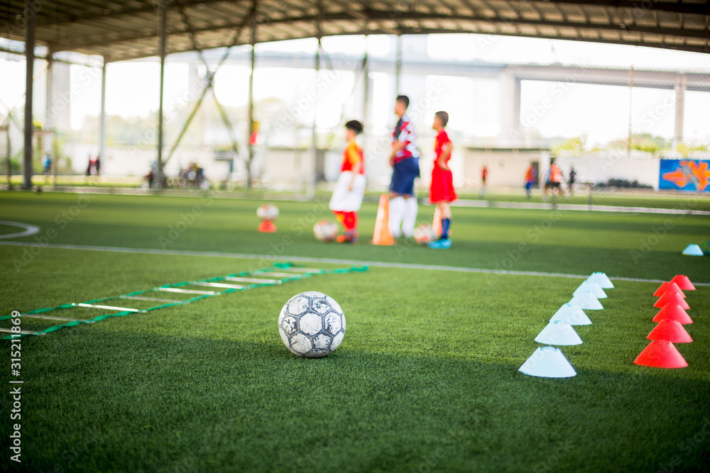 Football , Marker Cone and Ladder Drills on green artificial turf with blurry kid soccer players are training background. Soccer academy.