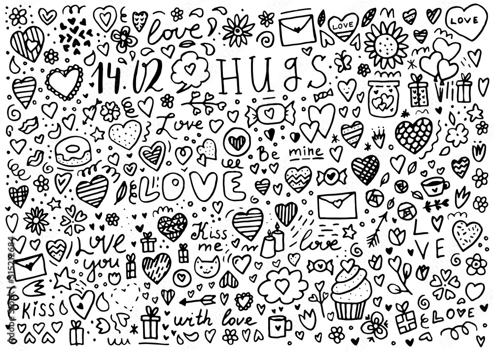 Big doodle set of elements for Valentine's day. Hearts, sweets, flowers, garlands, balls, gifts and other cute items.