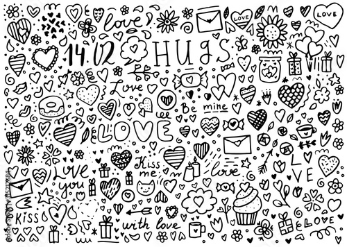 Big doodle set of elements for Valentine s day. Hearts  sweets  flowers  garlands  balls  gifts and other cute items.