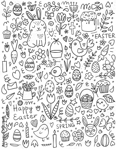 Cute Easter doodle set: bunnies, baskets, easter eggs, cupcakes, cakes, chickens, chicken, crosses, carrots, leaves, flowers, butterflies and candles
