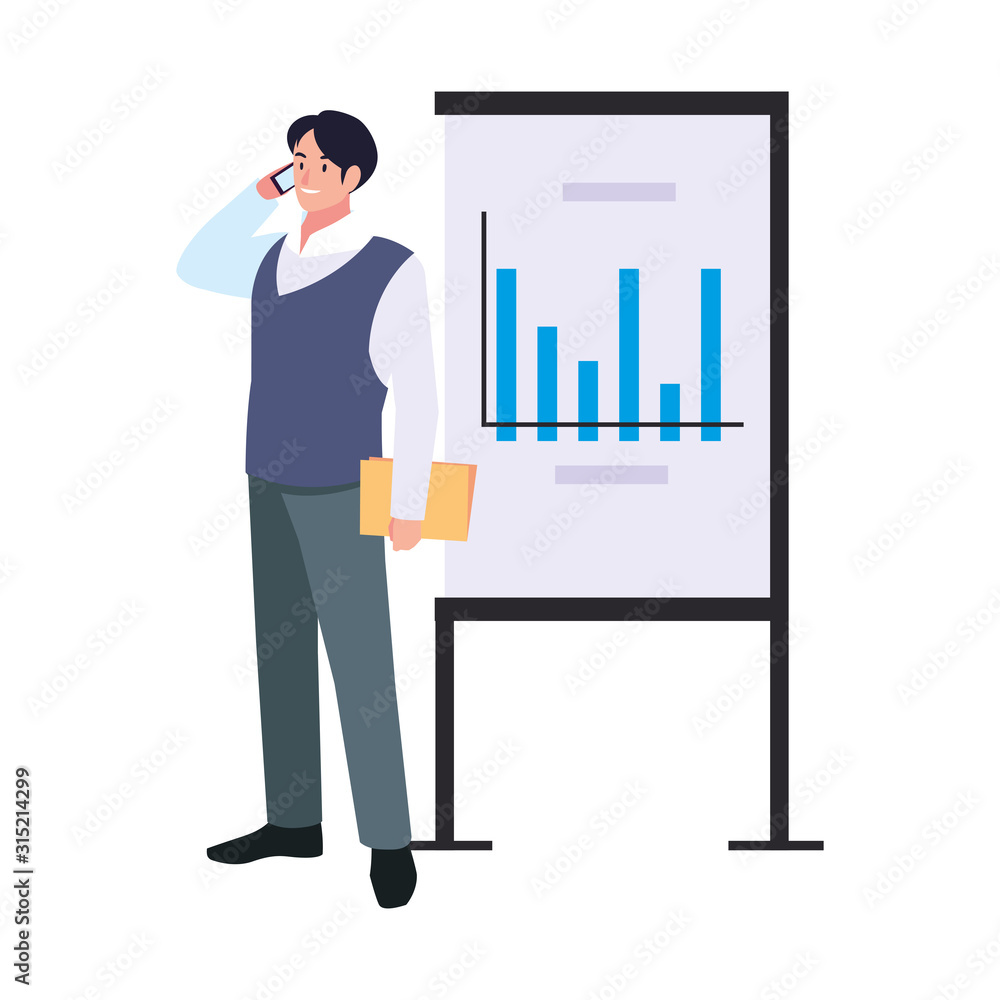businessman standing with graphs on white background businessman standing with graphs on white background