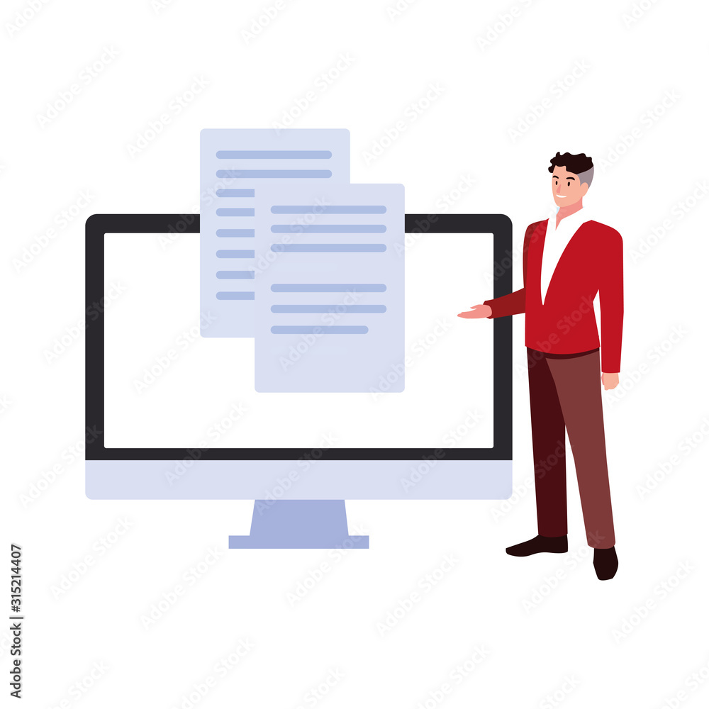 businessman with computer screen in white background businessman with computer screen in white background