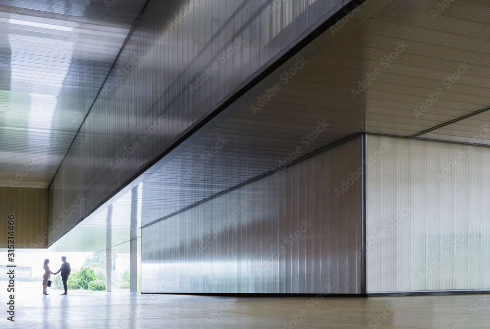 © Caiaimage/Martin Barraud/Caia Image - Silhouette businessman businesswoman handshaking in modern office lobby corridor