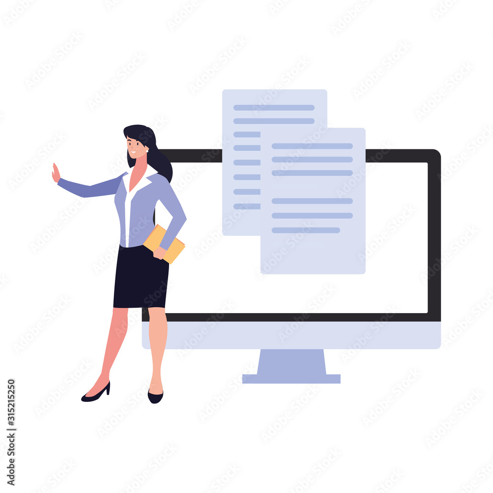 businesswoman with computer screen in white background businesswoman with computer screen in white background