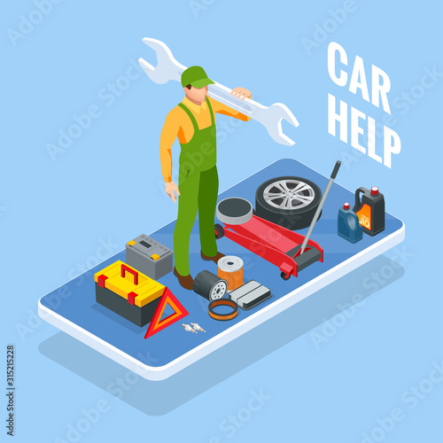 Online roadside assistance. Automobile repair service, Road accident, Car trouble. Broken Car and Emergency Services.