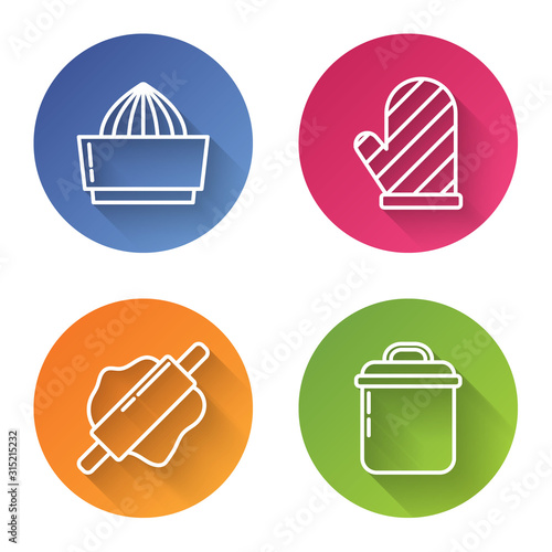 Set line Citrus fruit juicer , Oven glove , Rolling pin and Cooking pot . Color circle button. Vector