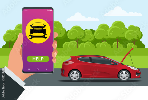 Online roadside assistance. Automobile repair service, Road accident, Car trouble. Broken Car and Emergency Services.