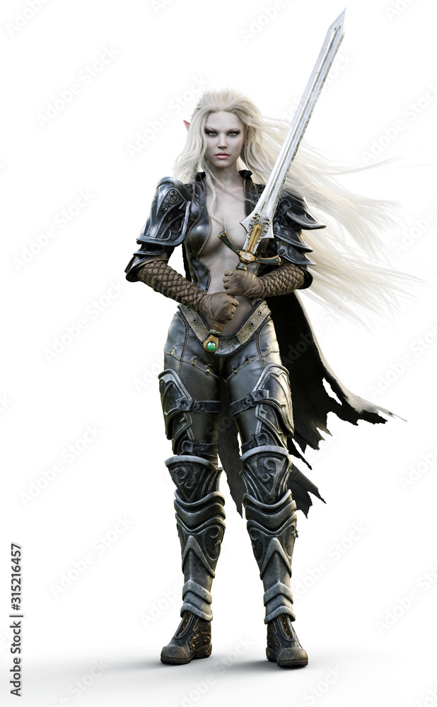 Portrait of a fantasy heavily armored sexy dark elf female warrior with  white long hair and equipped with a sword . 3d rendering. Fantasy  illustration on an white background Stock Illustration