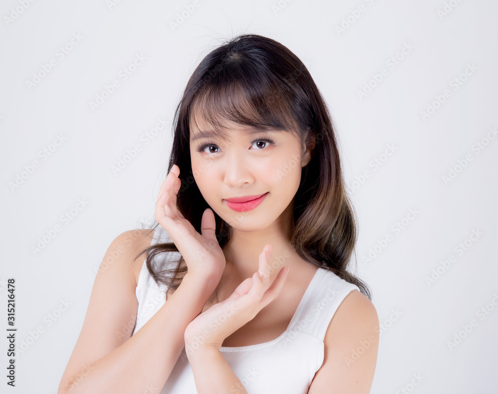 Beautiful woman asian makeup of cosmetic, beauty asia girl hand touch cheek and smile attractive, face of beauty perfect with wellness isolated on white background with skin healthcare concept. Beautiful woman asian makeup of cosmetic, beauty asia girl hand touch cheek and smile attractive, face of beauty perfect with wellness isolated on white background with skin healthcare concept.